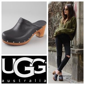 UGG Abbie Sz 9 Wooden Platform Clogs Mules Shoes Black Leather Fur Lined Studded
